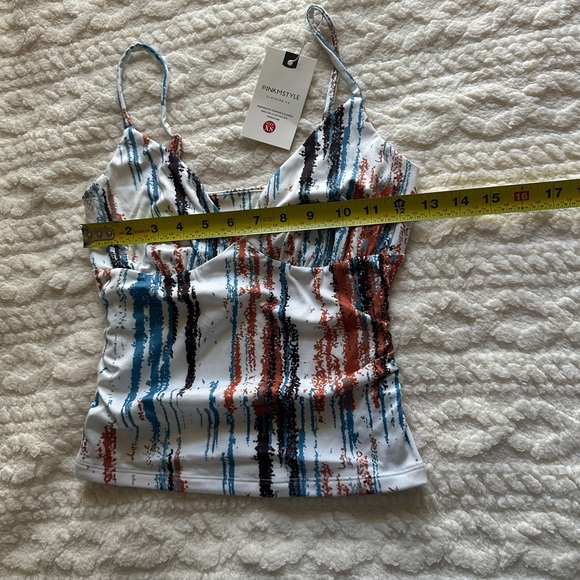 Abstract Sexy V Neck Ruched Cami Top Sleeveless Spaghetti Double Layer Fitted - Picture 2 of 6